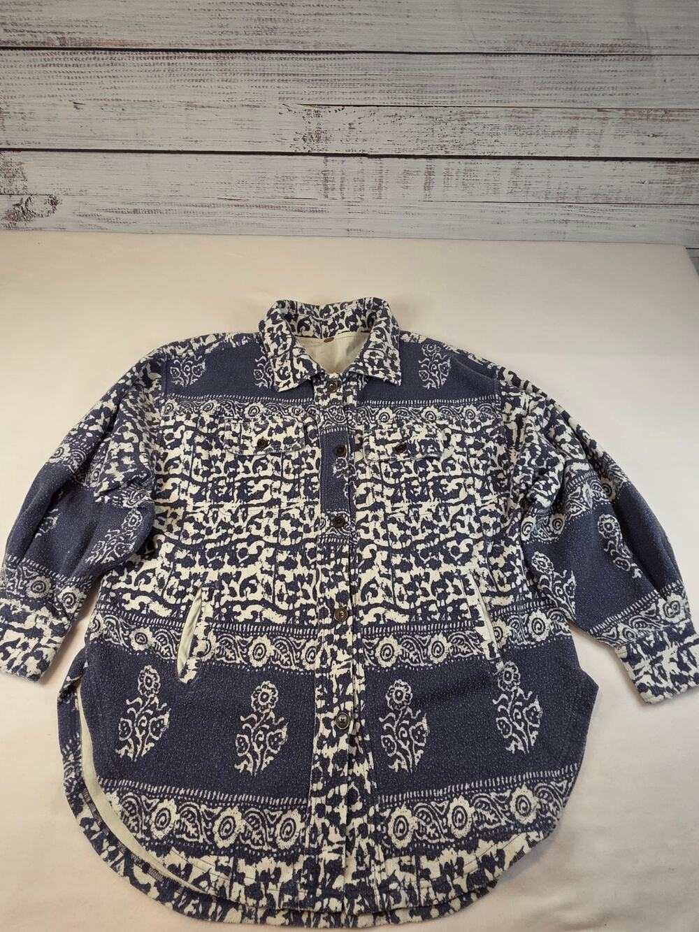 Free People Shirt Jacket Navy Cream Patchwork Paisley Leopard Print Boho Snap